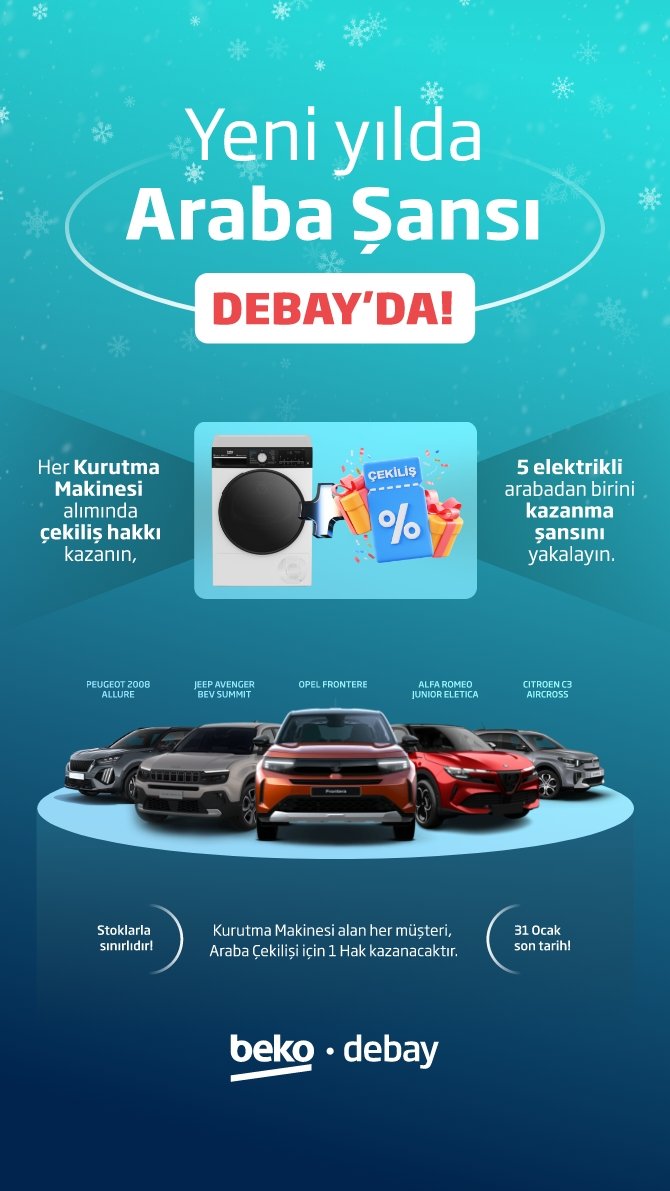 Yeni yıl heyecanı Debay’da büyük bir fırsata dönüşüyor!
Belirli kurutma makineleri alımlarında, elektrikli araba kazanma şansı seni bekliyor.